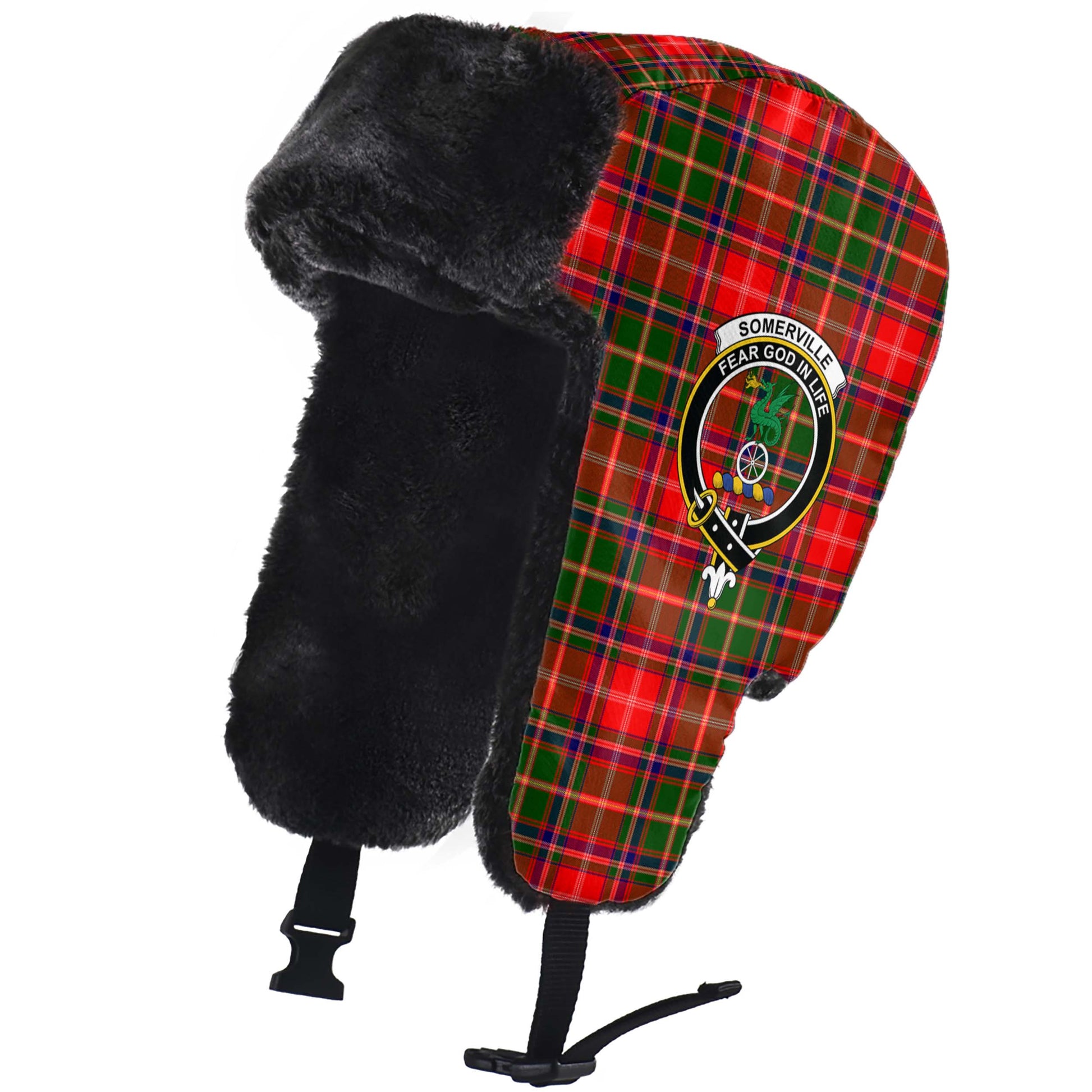 Somerville Modern Tartan Winter Trapper Hat with Family Crest - Tartanvibesclothing