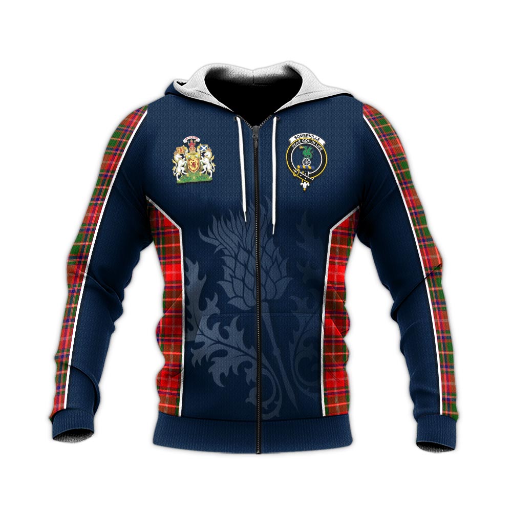 Tartan Vibes Clothing Somerville Modern Tartan Knitted Hoodie with Family Crest and Scottish Thistle Vibes Sport Style