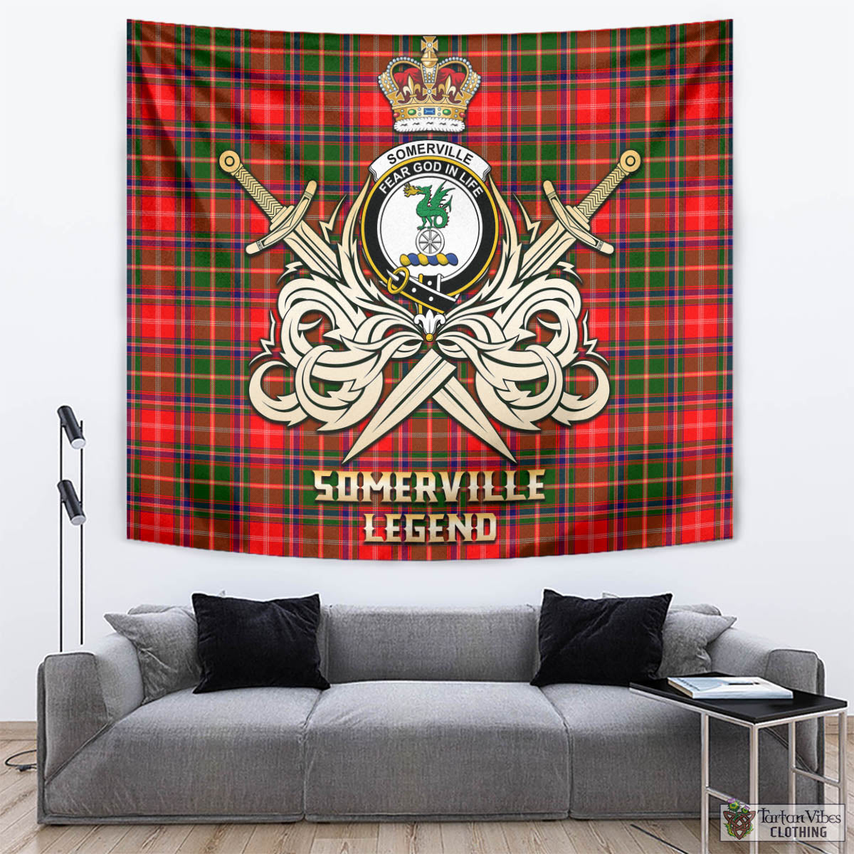 Tartan Vibes Clothing Somerville Modern Tartan Tapestry with Clan Crest and the Golden Sword of Courageous Legacy