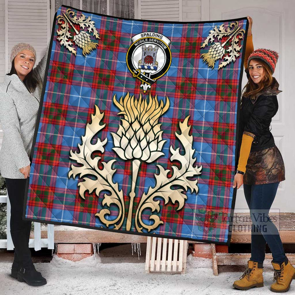 Spalding Tartan Quilt with Family Crest and Golden Thistle Style Super King Quilt 91" x 110" - Tartan Vibes Clothing