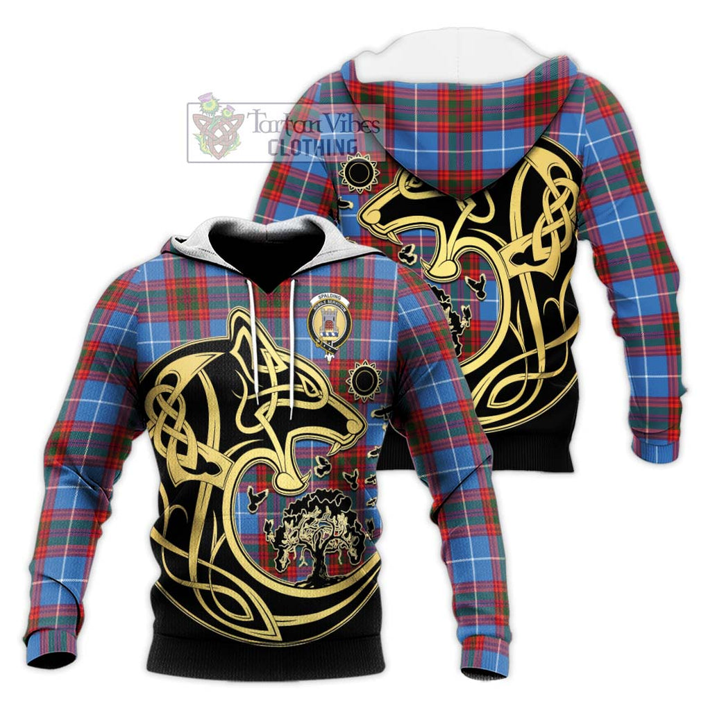 Spalding Tartan Knitted Hoodie with Family Crest Celtic Wolf Style Unisex Knitted Pullover Hoodie - Tartan Vibes Clothing