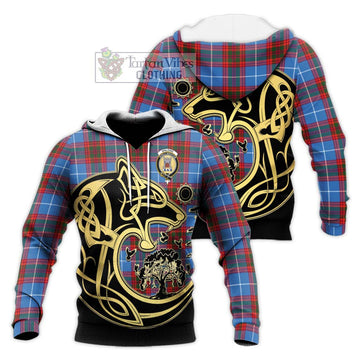 Spalding Tartan Knitted Hoodie with Family Crest Celtic Wolf Style