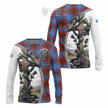 Spalding Tartan Long Sleeve T-Shirt with Family Crest and St. Andrew's Cross Accented by Thistle Vines Unisex - Tartan Vibes Clothing
