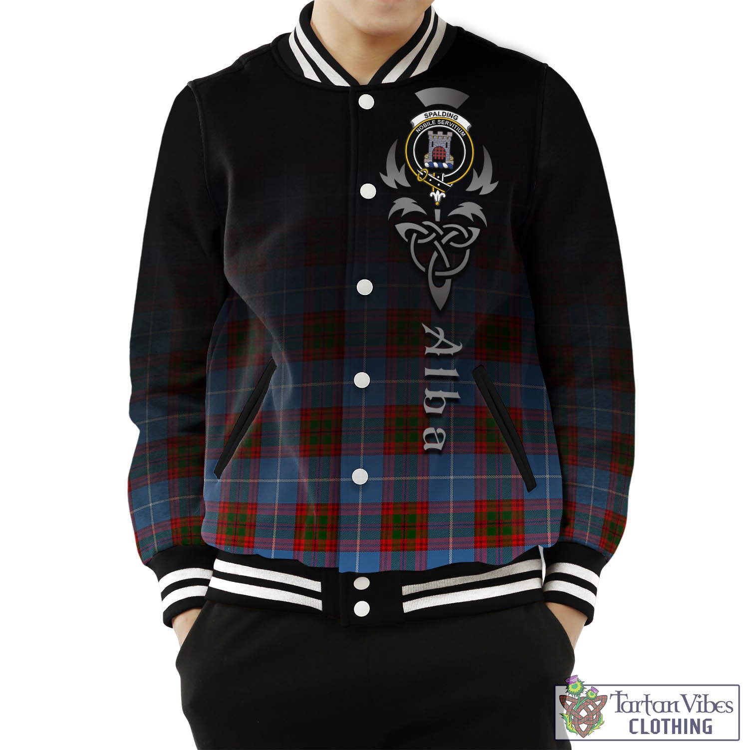 Tartan Vibes Clothing Spalding Tartan Baseball Jacket Featuring Alba Gu Brath Family Crest Celtic Inspired