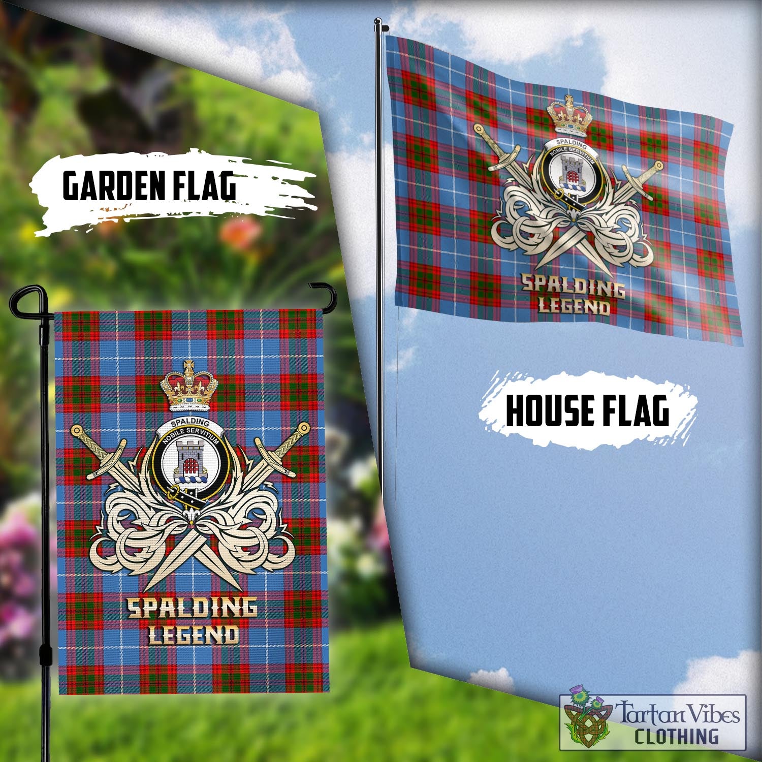 Tartan Vibes Clothing Spalding Tartan Flag with Clan Crest and the Golden Sword of Courageous Legacy