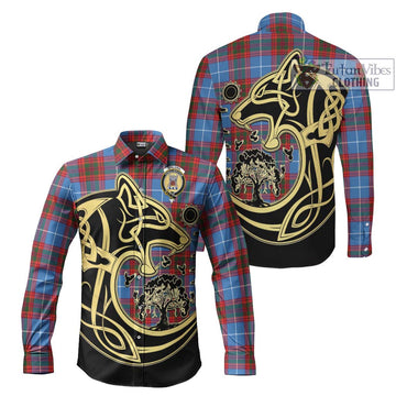 Spalding Tartan Long Sleeve Button Shirt with Family Crest Celtic Wolf Style