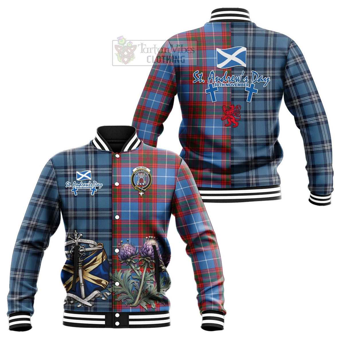 Spalding Tartan Baseball Jacket Happy St. Andrew's Day Half Tartan Style Unisex - Tartan Vibes Clothing
