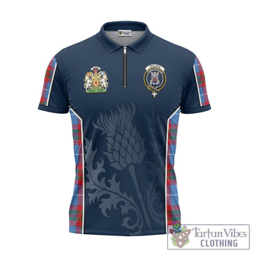 Spalding Tartan Zipper Polo Shirt with Family Crest and Scottish Thistle Vibes Sport Style Unisex - Tartan Vibes Clothing