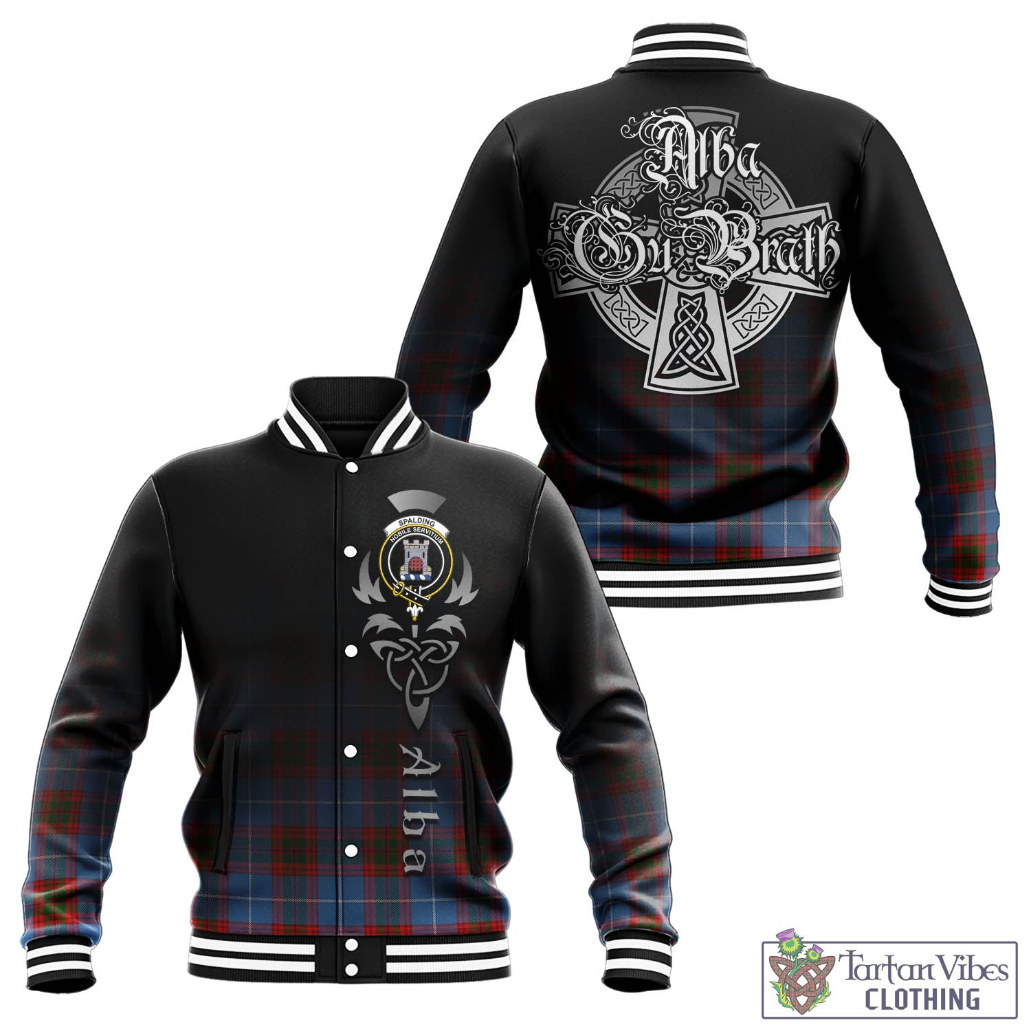 Tartan Vibes Clothing Spalding Tartan Baseball Jacket Featuring Alba Gu Brath Family Crest Celtic Inspired