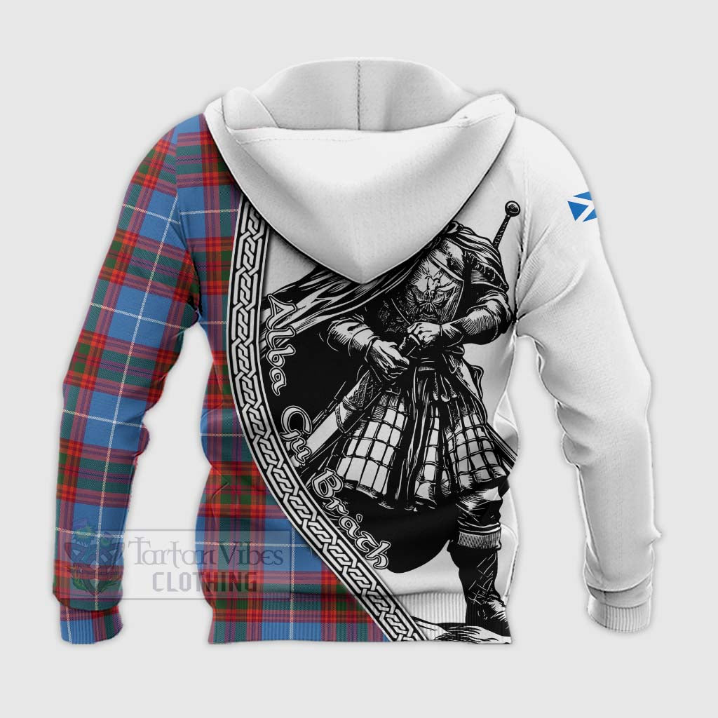 Tartan Vibes Clothing Spalding Tartan Clan Crest Knitted Hoodie with Highlander Warrior Celtic Style