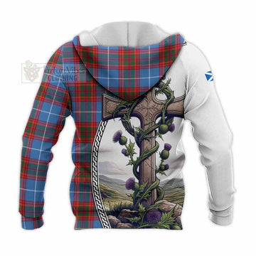 Spalding Tartan Knitted Hoodie with Family Crest and St. Andrew's Cross Accented by Thistle Vines