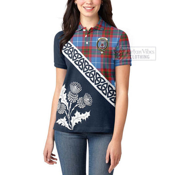 Spalding Tartan Women's Polo Shirt Featuring Thistle and Scotland Map