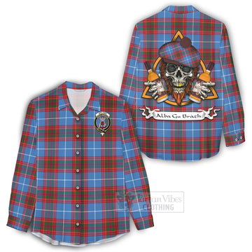 Spalding Tartan Women's Casual Shirt with Family Crest and Bearded Skull Holding Bottles of Whiskey