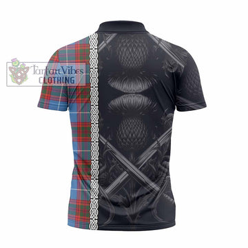 Spalding Tartan Zipper Polo Shirt with Family Crest Cross Sword Thistle Celtic Vibes - Tartan Vibes Clothing