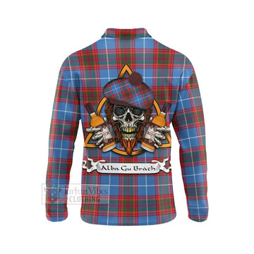 Spalding Tartan Long Sleeve Polo Shirt with Family Crest and Bearded Skull Holding Bottles of Whiskey - Tartan Vibes Clothing