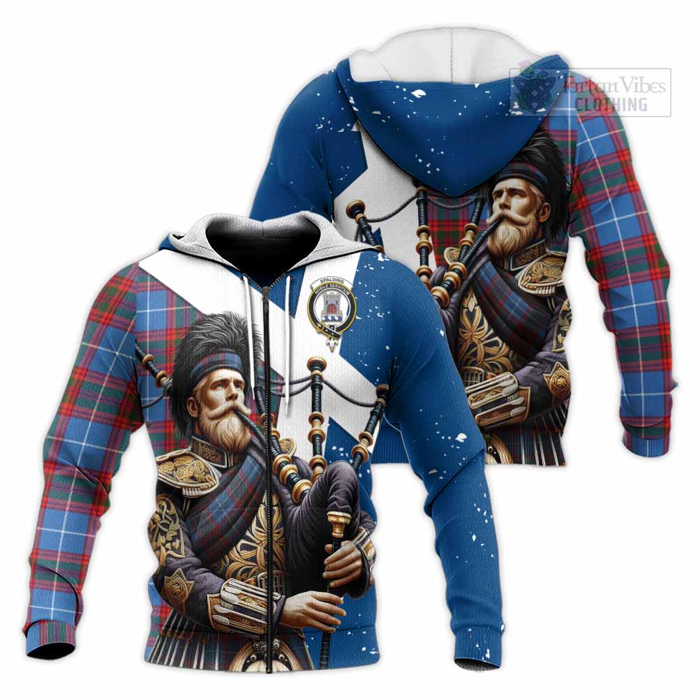 Tartan Vibes Clothing Spalding Tartan Knitted Hoodie with Family Crest Scottish Bagpiper Vibes