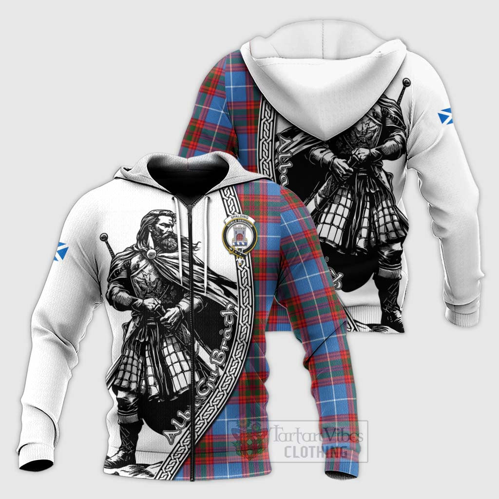 Tartan Vibes Clothing Spalding Tartan Clan Crest Knitted Hoodie with Highlander Warrior Celtic Style