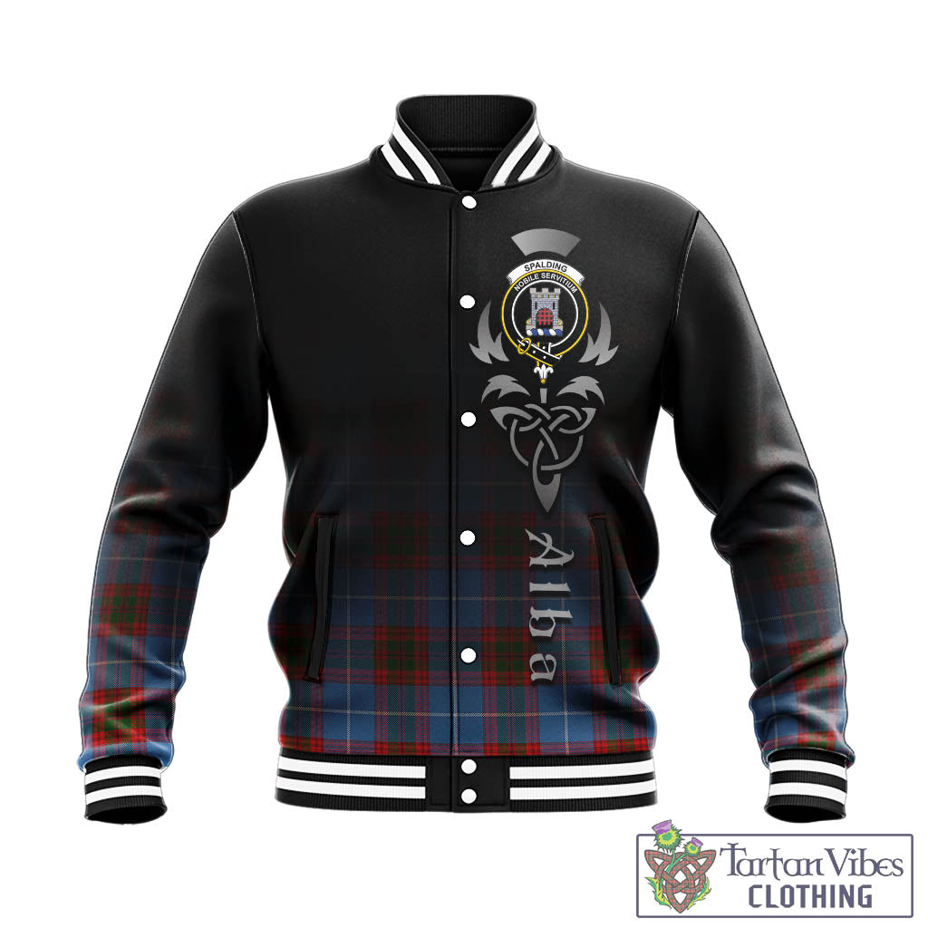 Tartan Vibes Clothing Spalding Tartan Baseball Jacket Featuring Alba Gu Brath Family Crest Celtic Inspired