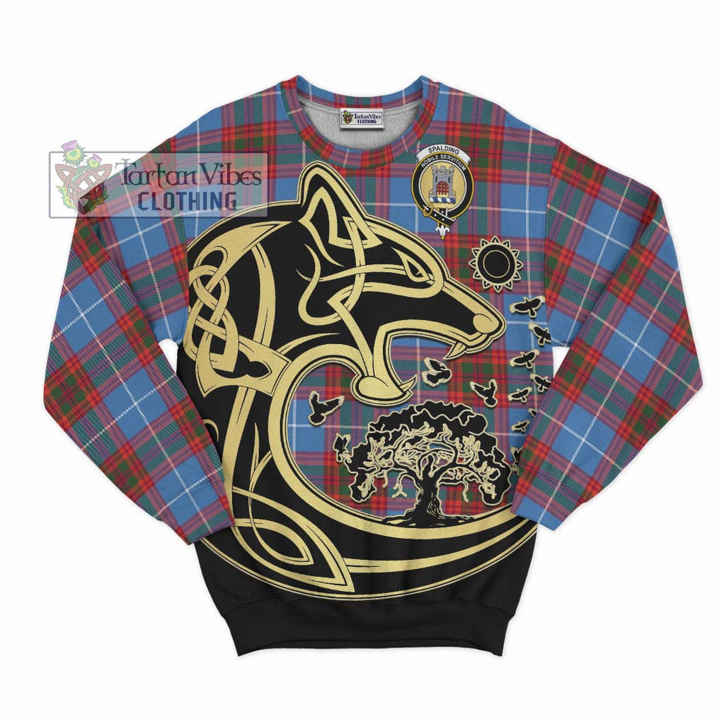 Spalding Tartan Sweatshirt with Family Crest Celtic Wolf Style - Tartan Vibes Clothing