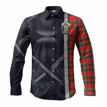 Spence (Spens) Tartan Long Sleeve Button Shirt with Family Crest Cross Sword Thistle Celtic Vibes Men's Shirt S - Tartan Vibes Clothing