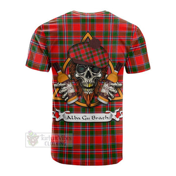 Spence (Spens) Tartan Cotton T-shirt with Family Crest and Bearded Skull Holding Bottles of Whiskey - Tartan Vibes Clothing