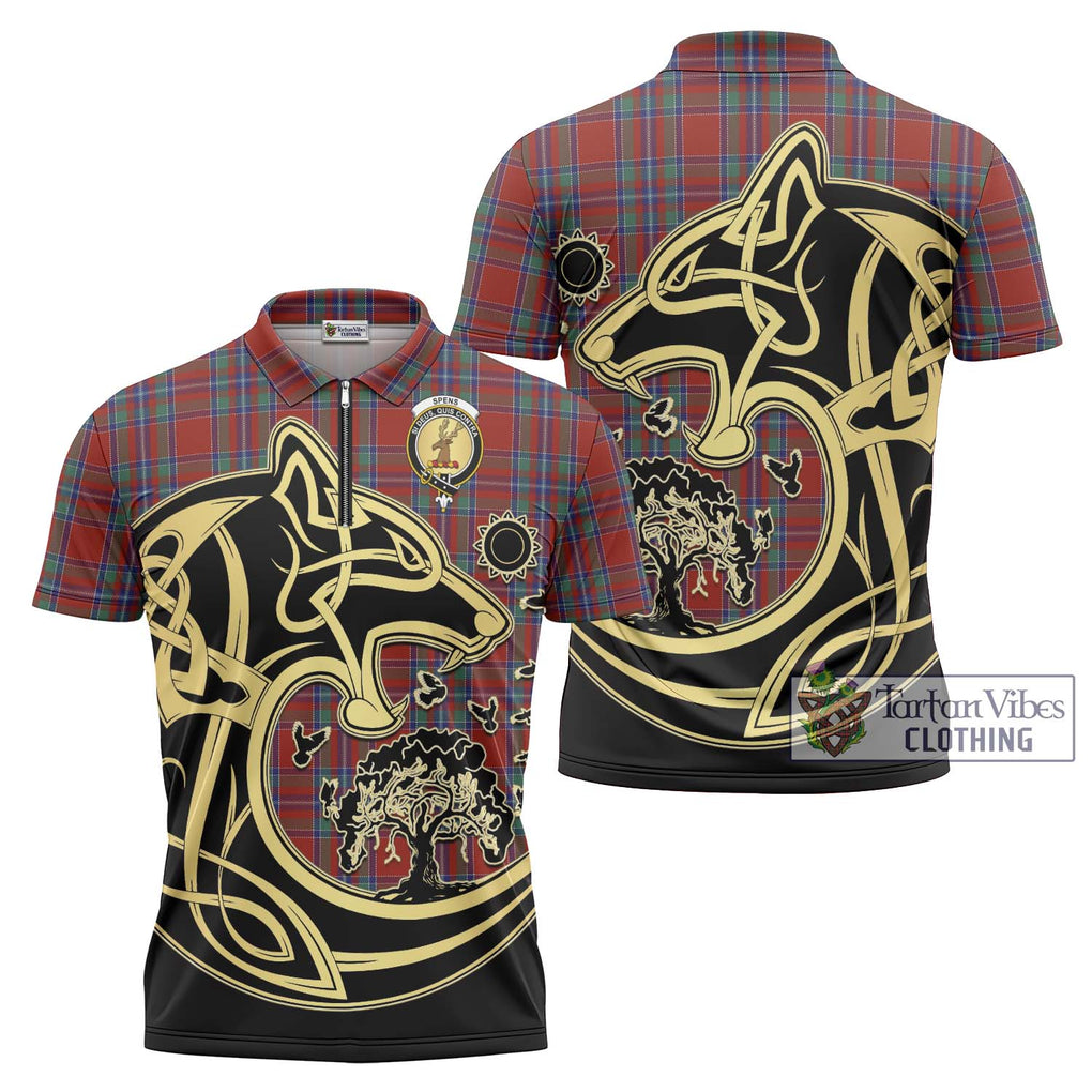 Spens Tartan Zipper Polo Shirt with Family Crest Celtic Wolf Style Unisex - Tartanvibesclothing Shop