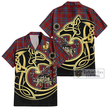 Spens Tartan Short Sleeve Button Shirt with Family Crest Celtic Wolf Style