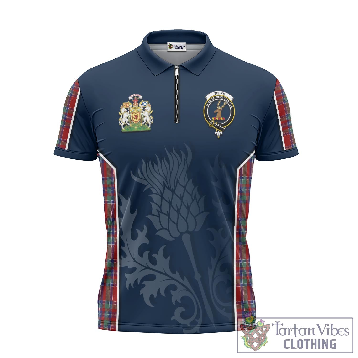 Tartan Vibes Clothing Spens Tartan Zipper Polo Shirt with Family Crest and Scottish Thistle Vibes Sport Style