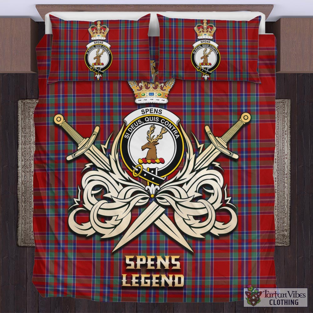 Tartan Vibes Clothing Spens Tartan Bedding Set with Clan Crest and the Golden Sword of Courageous Legacy