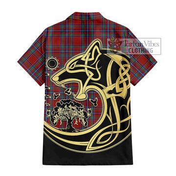 Spens Tartan Short Sleeve Button Shirt with Family Crest Celtic Wolf Style