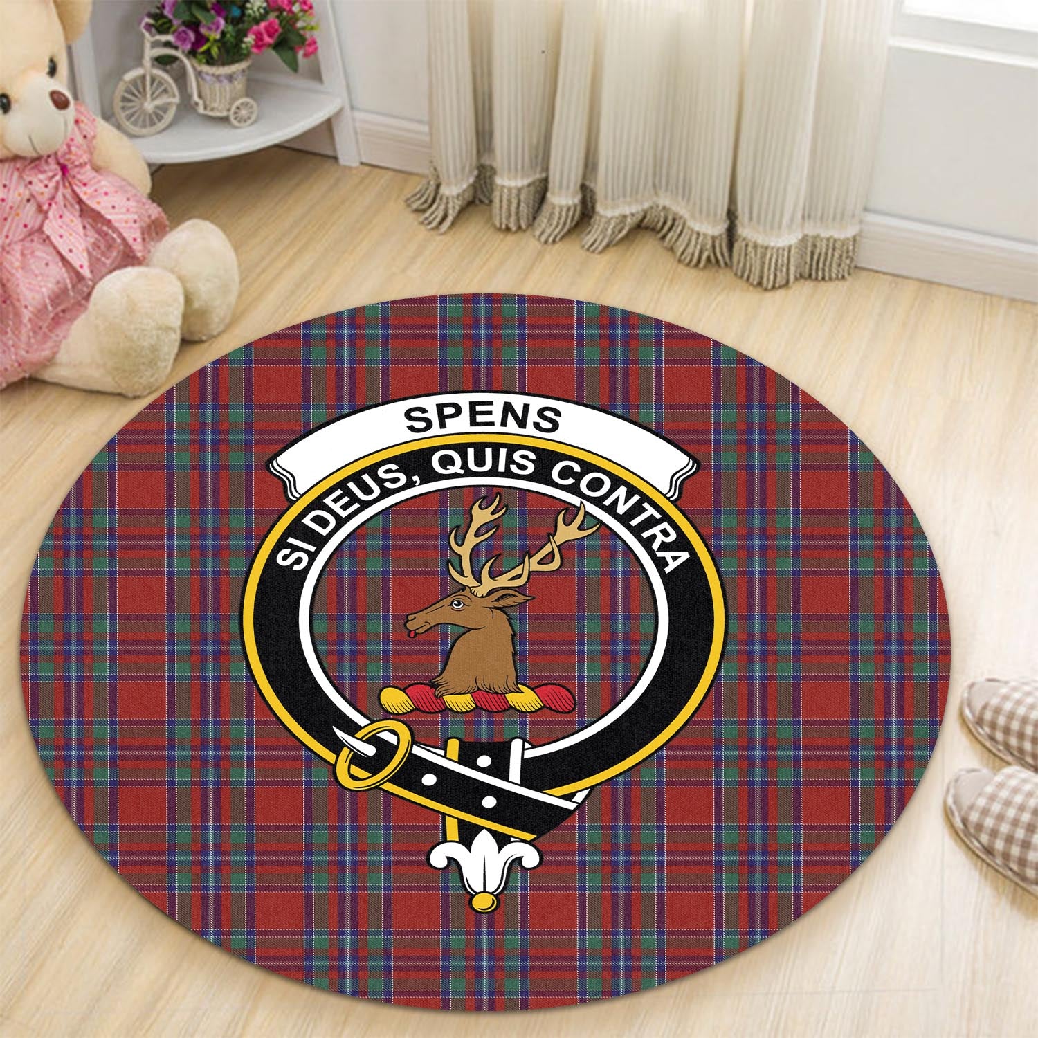 spens-tartan-round-rug-with-family-crest