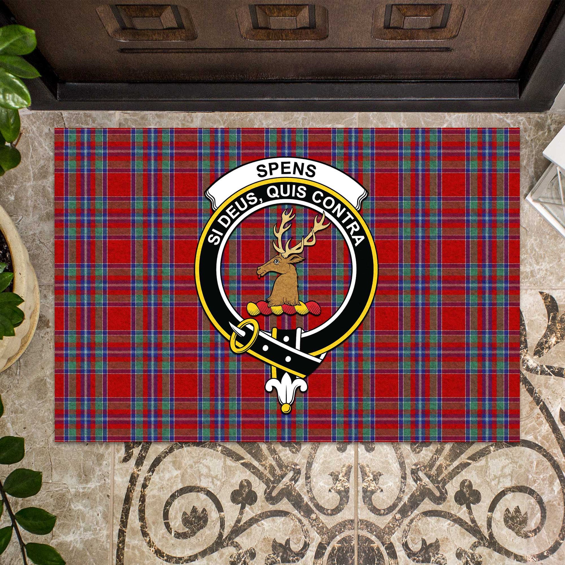 Spens Tartan Door Mat with Family Crest - Tartanvibesclothing Shop