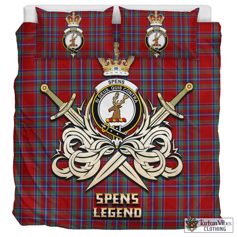 Tartan Vibes Clothing Spens Tartan Bedding Set with Clan Crest and the Golden Sword of Courageous Legacy