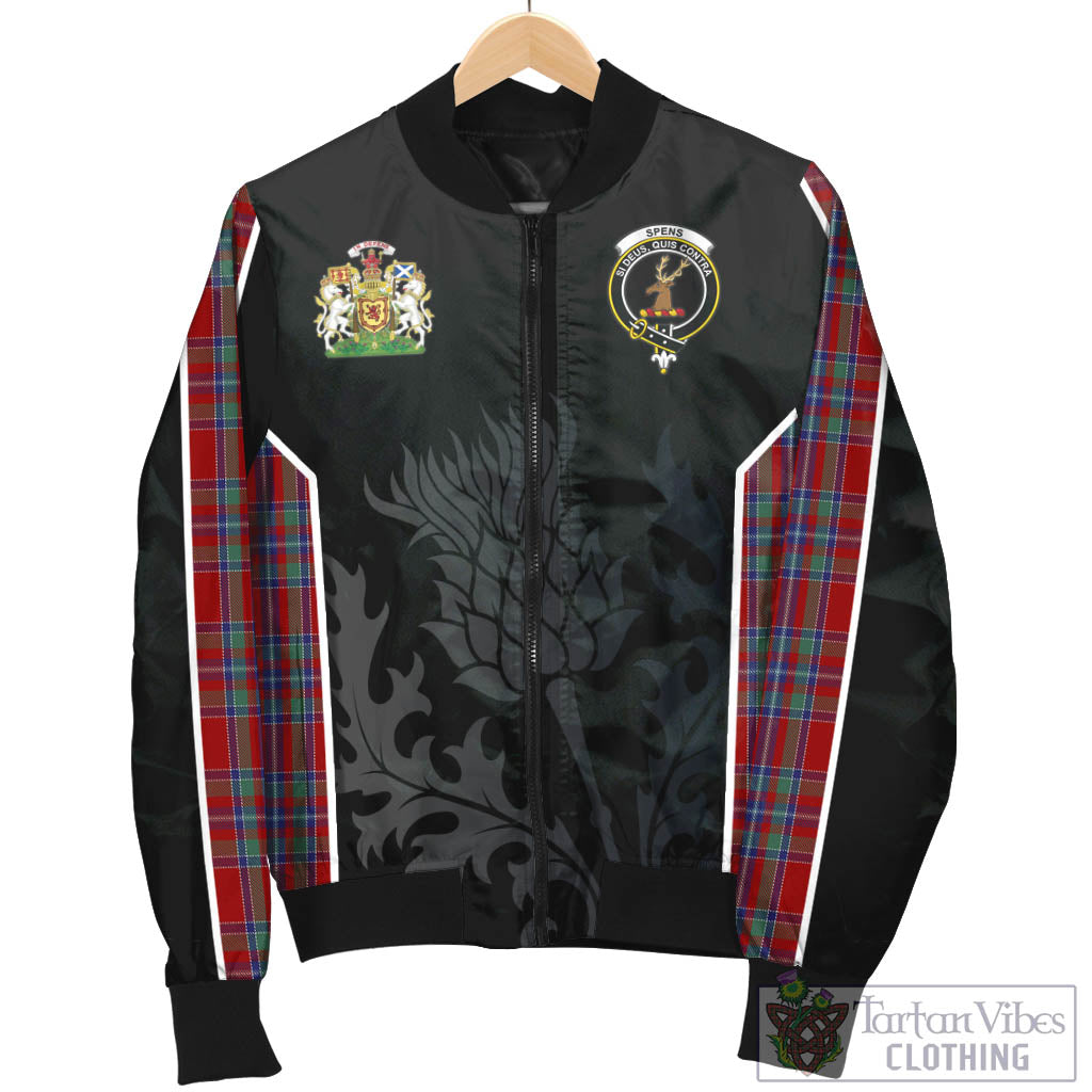 Tartan Vibes Clothing Spens Tartan Bomber Jacket with Family Crest and Scottish Thistle Vibes Sport Style