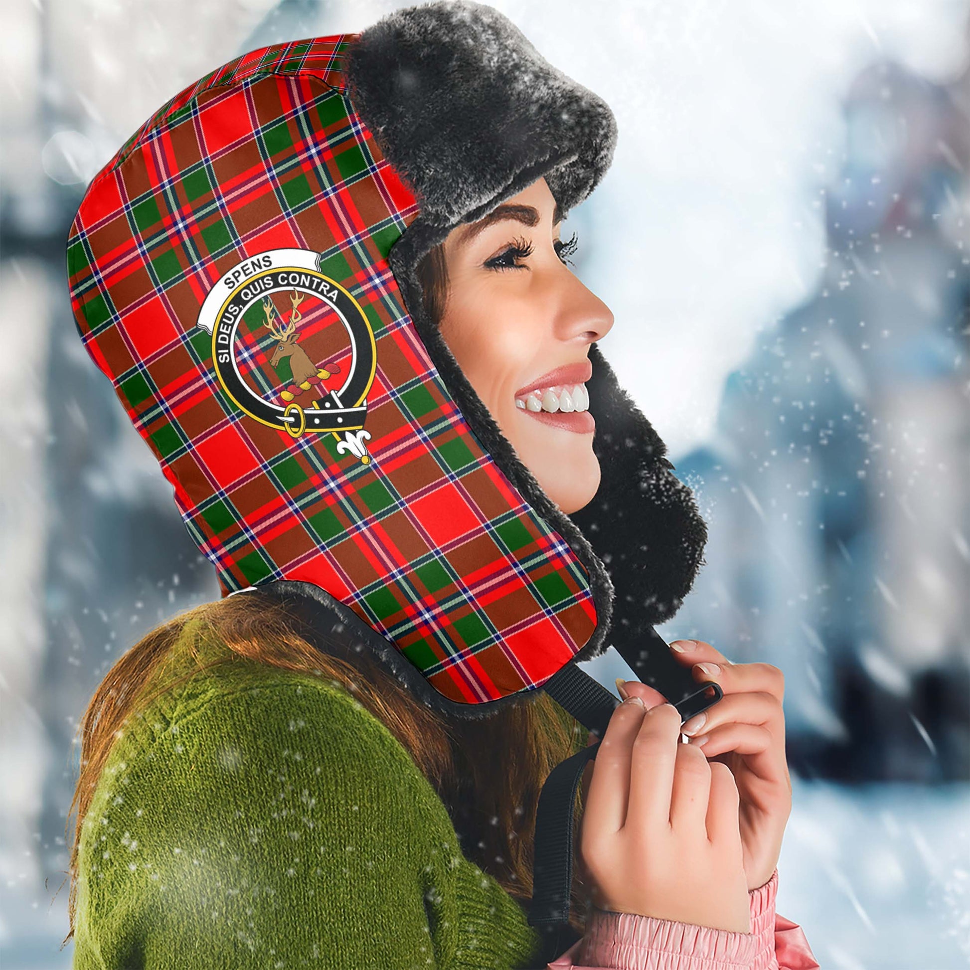 Spens Modern Tartan Winter Trapper Hat with Family Crest Winter Trapper Hat Universal Fit Circumference 22.8in (58cm) - Tartanvibesclothing