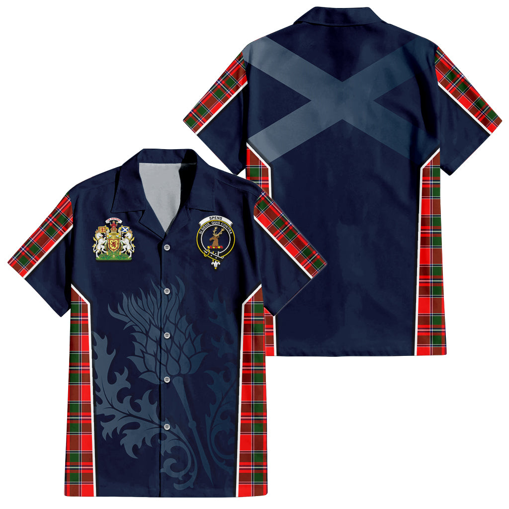 Tartan Vibes Clothing Spens Modern Tartan Short Sleeve Button Up Shirt with Family Crest and Scottish Thistle Vibes Sport Style