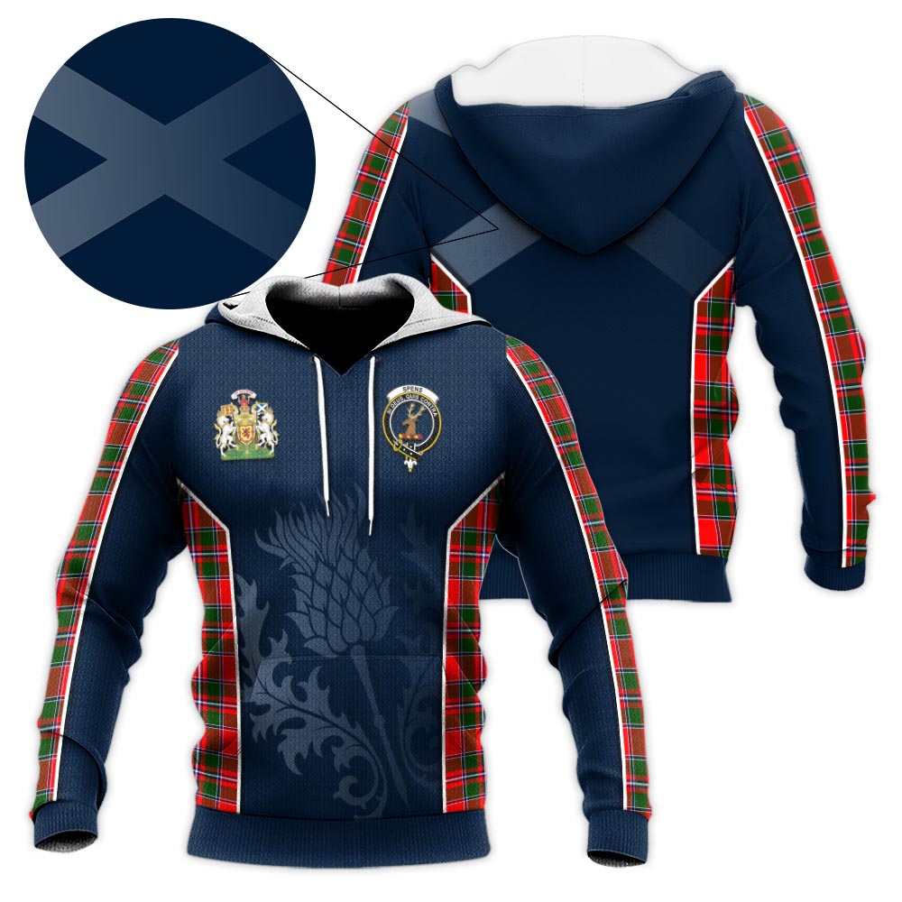 Tartan Vibes Clothing Spens Modern Tartan Knitted Hoodie with Family Crest and Scottish Thistle Vibes Sport Style