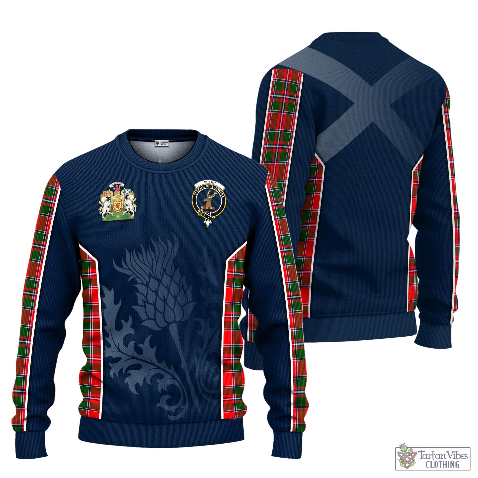 Tartan Vibes Clothing Spens Modern Tartan Knitted Sweatshirt with Family Crest and Scottish Thistle Vibes Sport Style