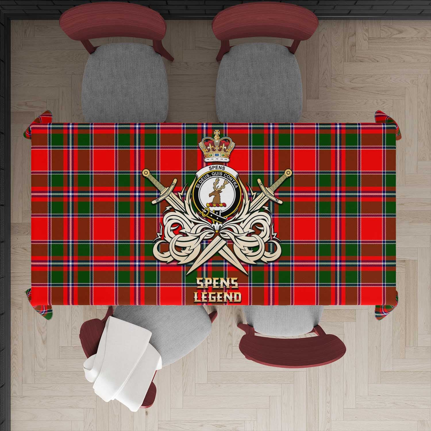 Tartan Vibes Clothing Spens Modern Tartan Tablecloth with Clan Crest and the Golden Sword of Courageous Legacy