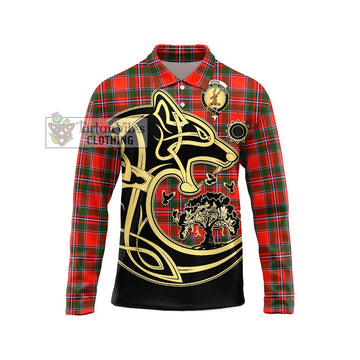 Spens Modern Tartan Long Sleeve Polo Shirt with Family Crest Celtic Wolf Style