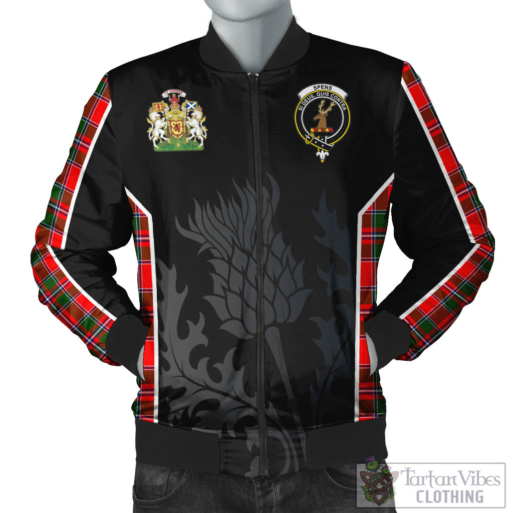 Tartan Vibes Clothing Spens Modern Tartan Bomber Jacket with Family Crest and Scottish Thistle Vibes Sport Style