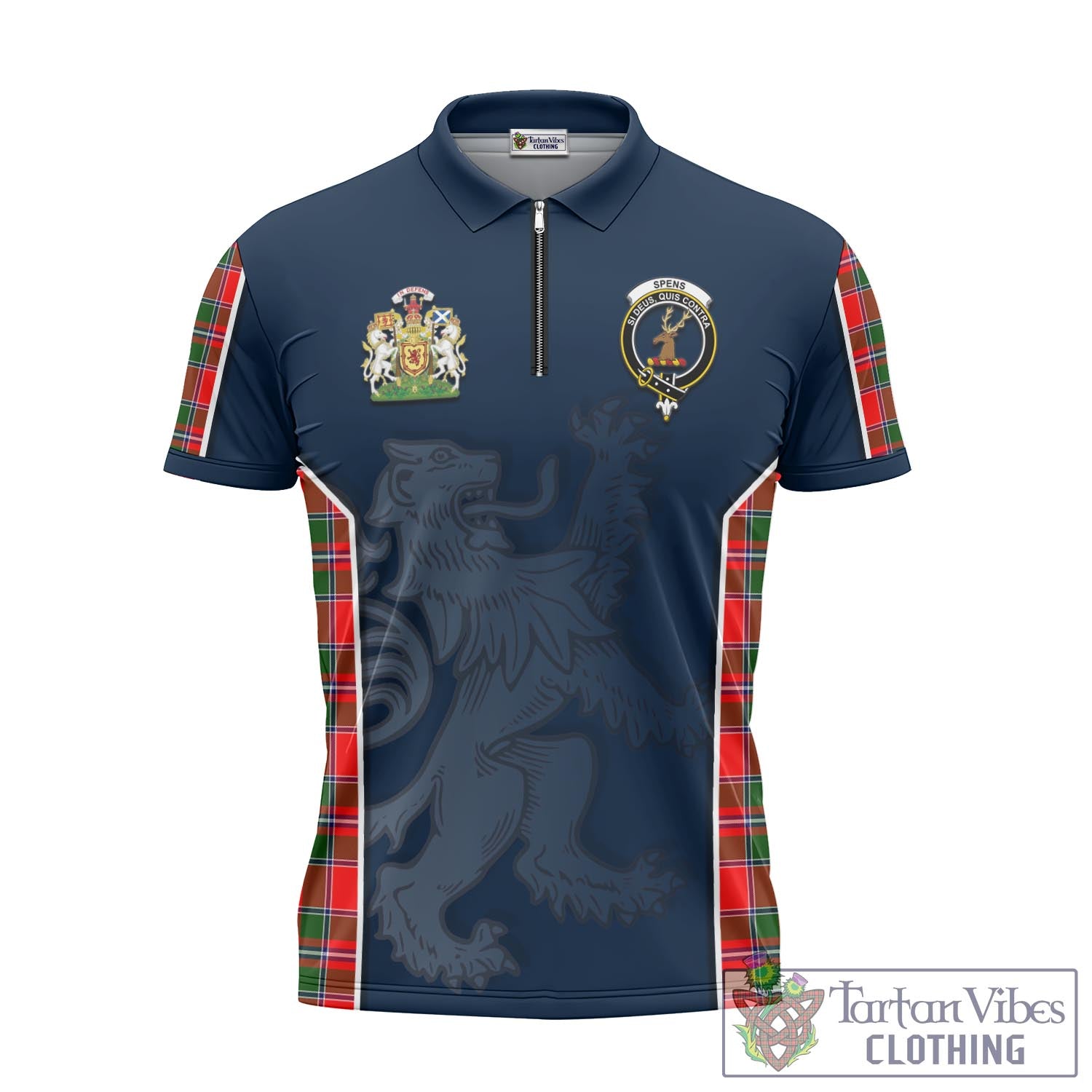 Tartan Vibes Clothing Spens Modern Tartan Zipper Polo Shirt with Family Crest and Lion Rampant Vibes Sport Style