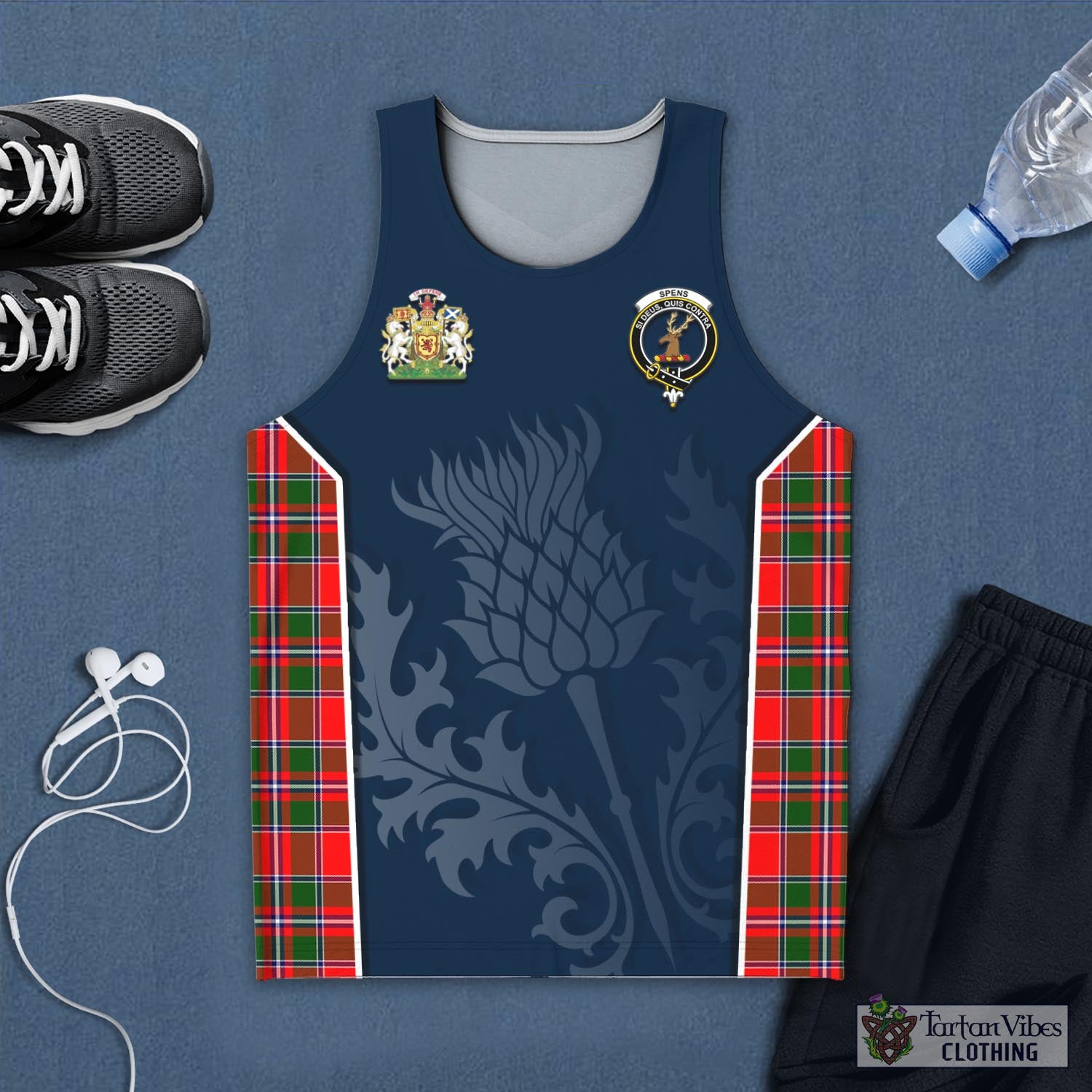 Tartan Vibes Clothing Spens Modern Tartan Men's Tanks Top with Family Crest and Scottish Thistle Vibes Sport Style