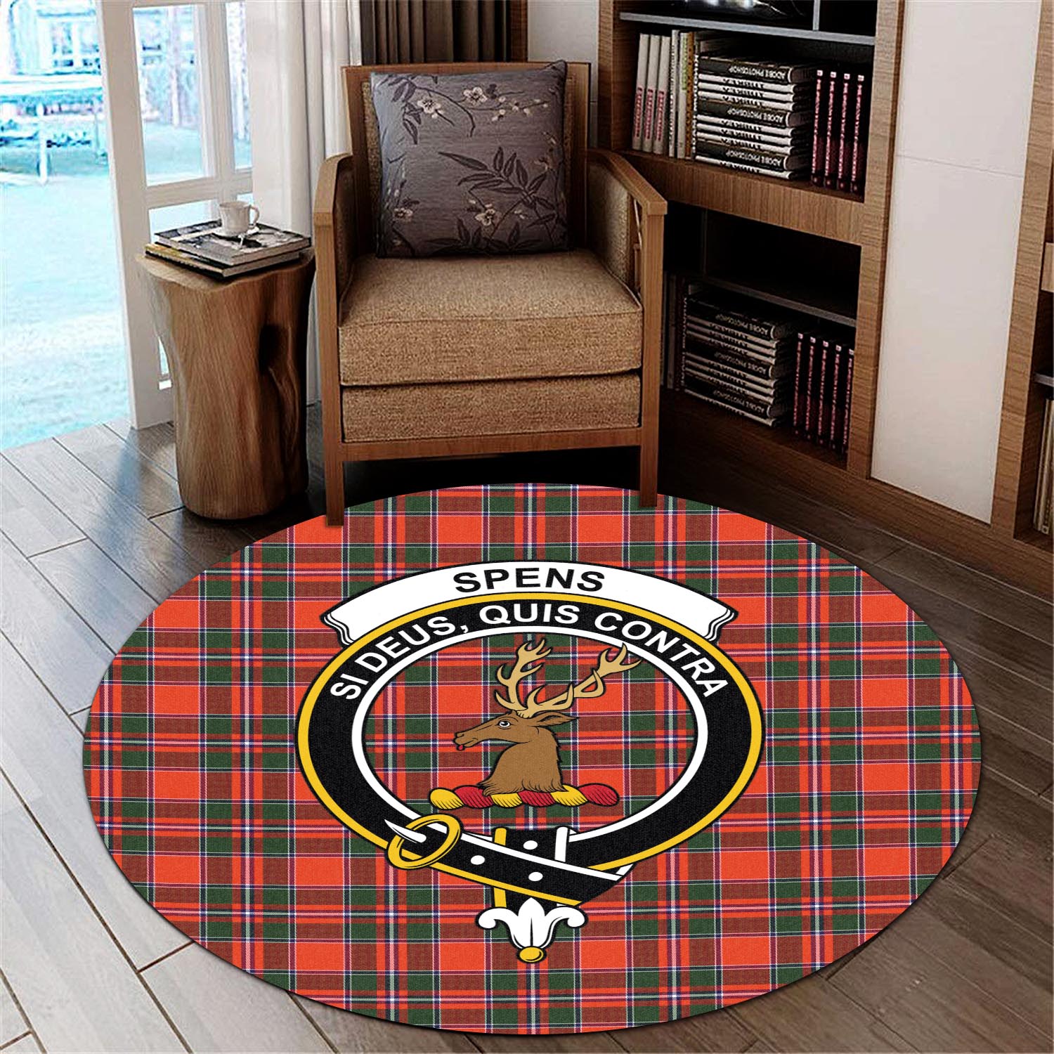 spens-modern-tartan-round-rug-with-family-crest