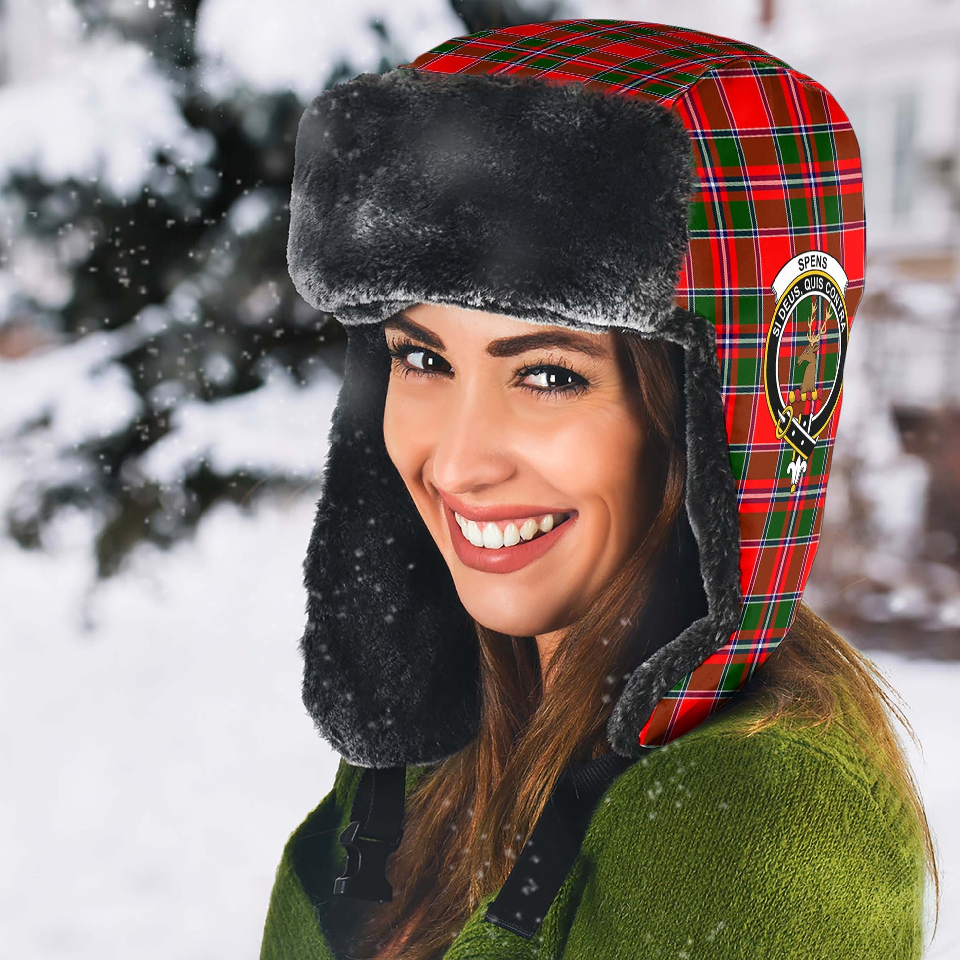 Spens Modern Tartan Winter Trapper Hat with Family Crest - Tartanvibesclothing