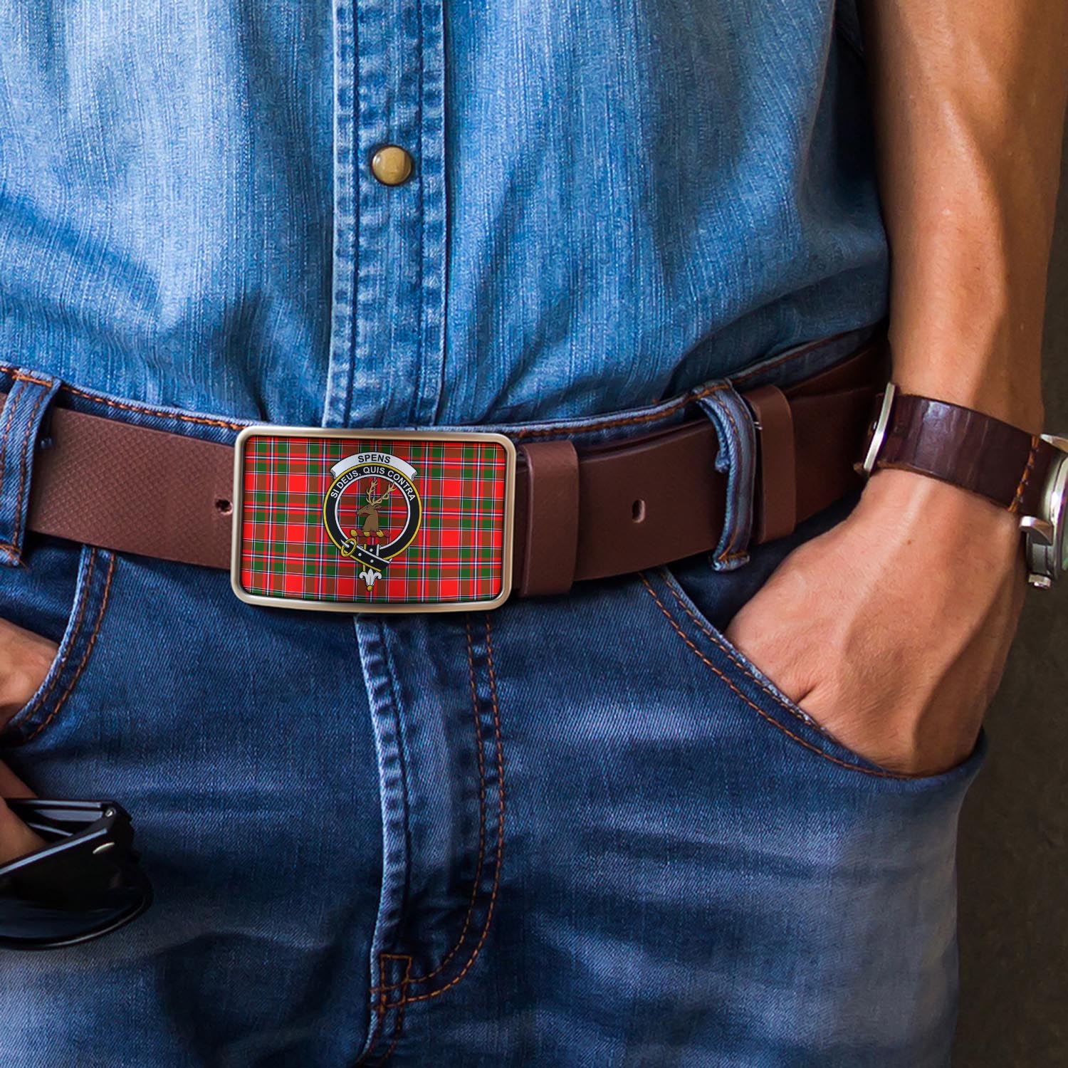 Spens Modern Tartan Belt Buckles with Family Crest - Tartanvibesclothing Shop