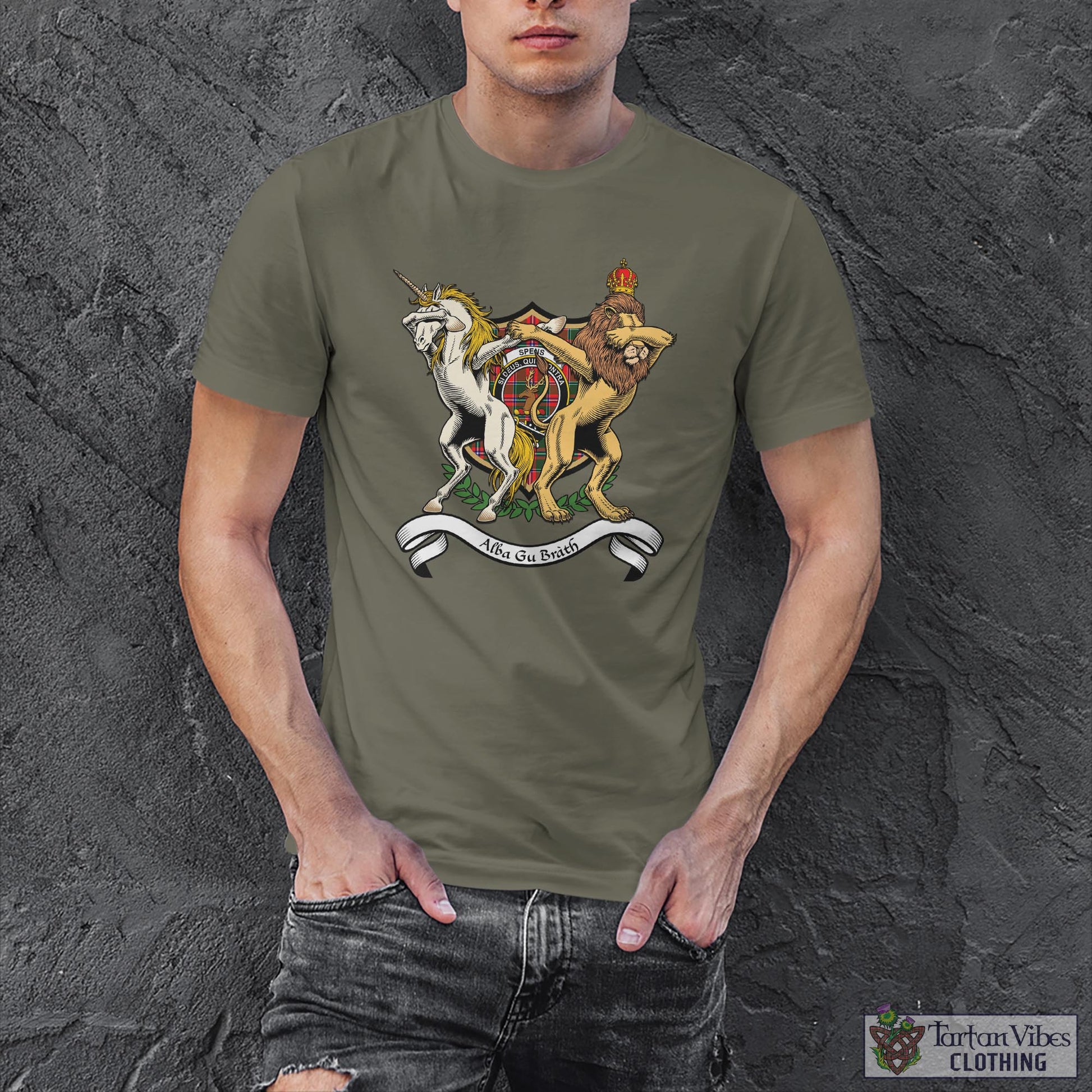 Tartan Vibes Clothing Spens Modern Family Crest Cotton Men's T-Shirt with Scotland Royal Coat Of Arm Funny Style