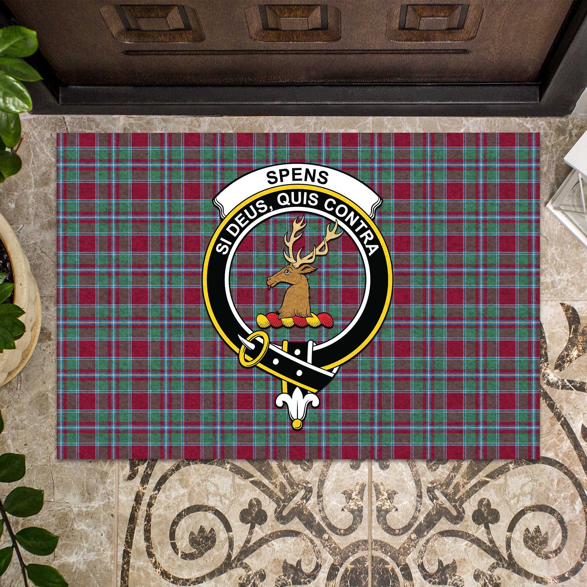 Spens (Spence) Tartan Door Mat with Family Crest - Tartanvibesclothing Shop