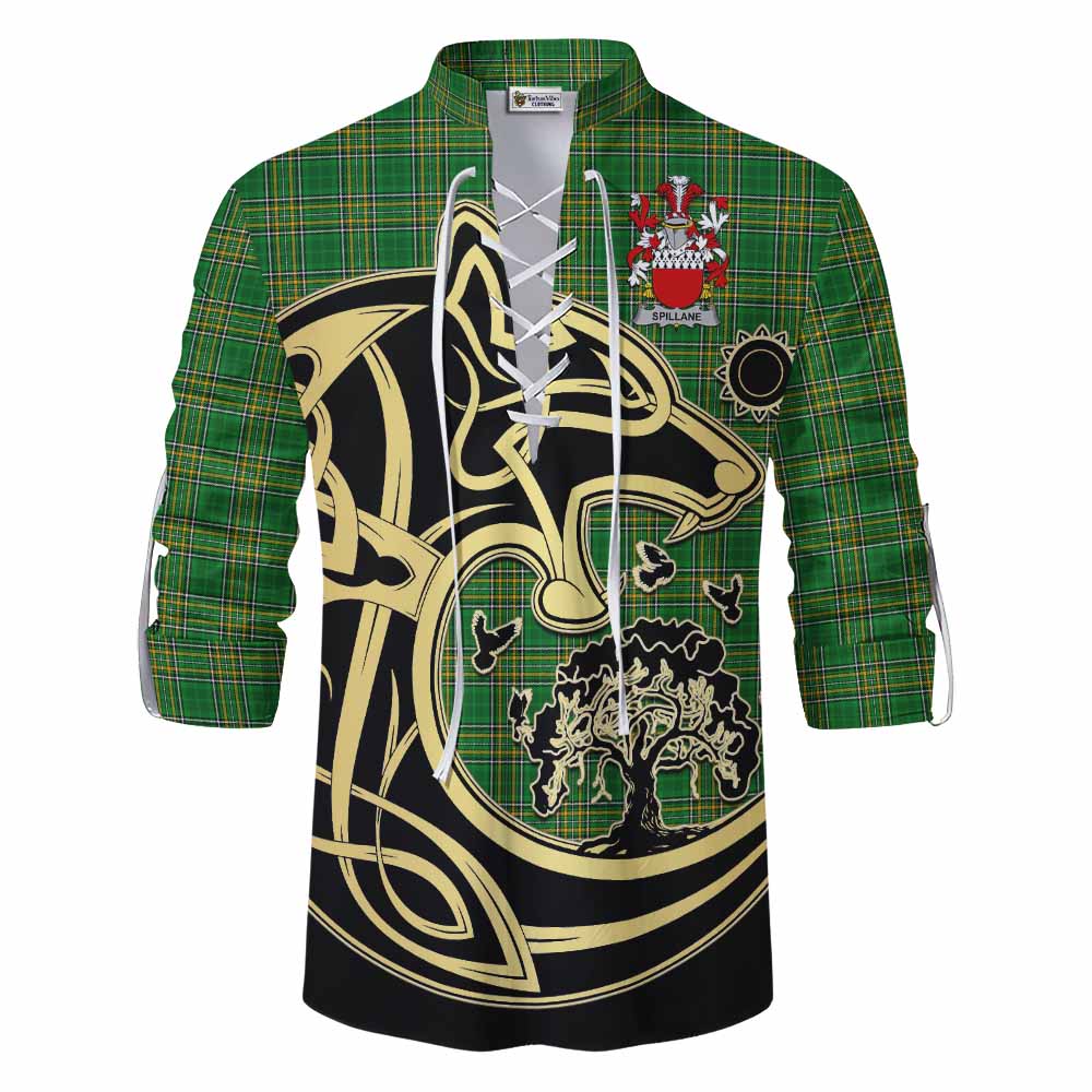 Tartan Vibes Clothing Spillane Irish Tartan Ghillie Kilt Shirt with Coat of Arms Celtic Wolf Style