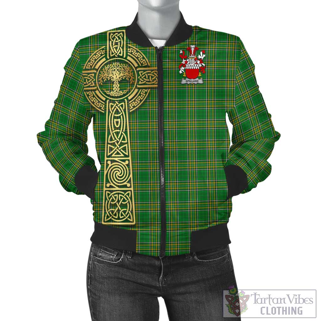 Tartan Vibes Clothing Spillane Irish Clan Tartan Bomber Jacket with Coat of Arms Celtic Tree of Life Style